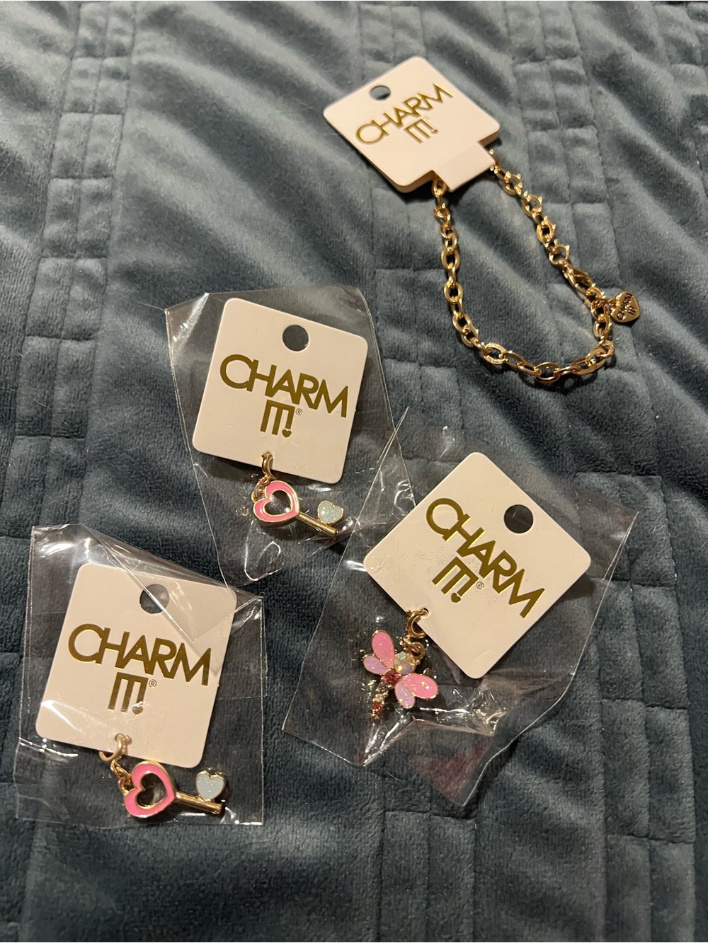 Charm It Gold-Tone Bracelet and Pink Enamel Charm Set Dragonfly, Key to My Heart